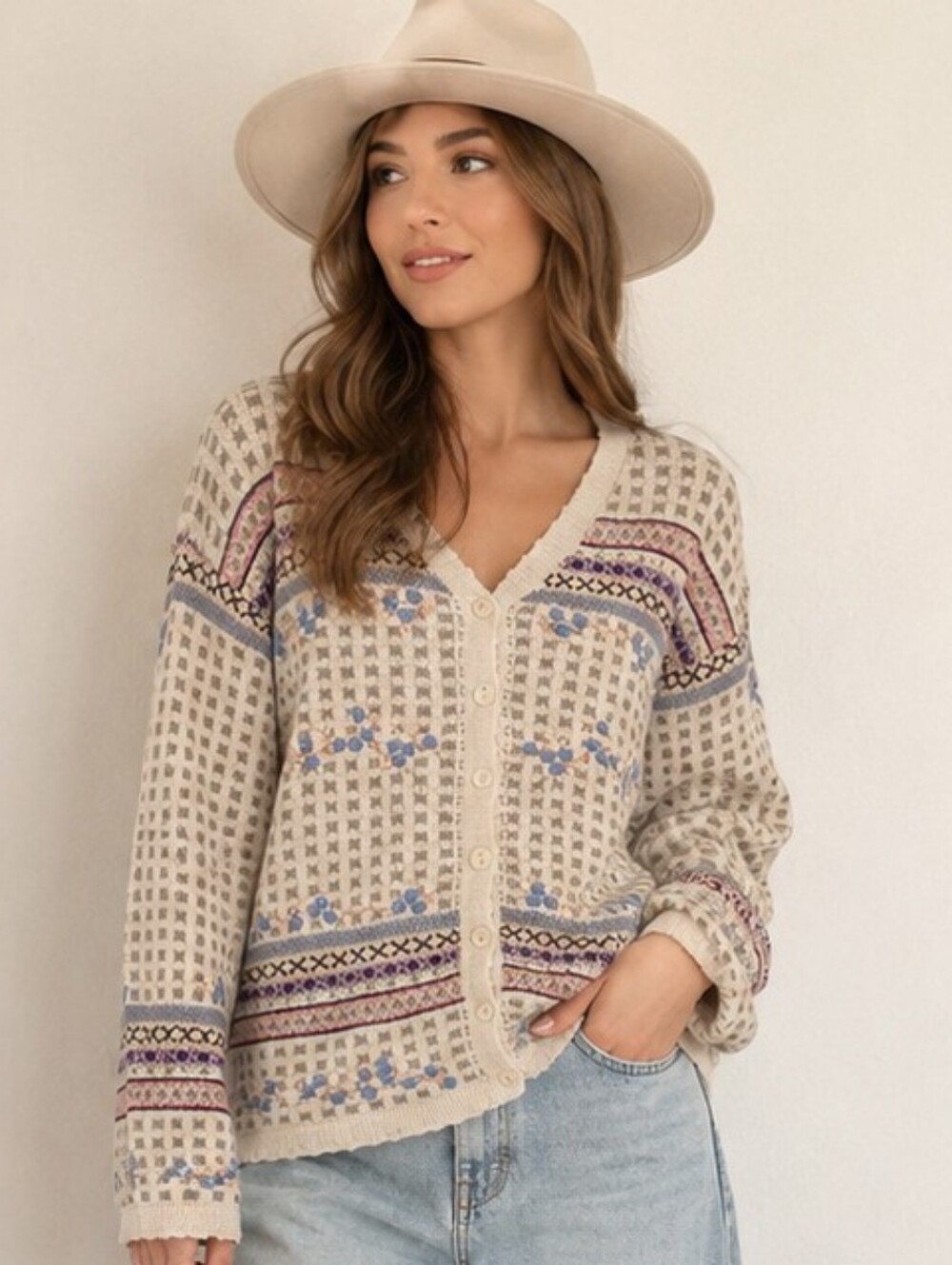 Crystal-Kobe 90's Pastel Cream V-Neck Cardigan Purple and Blue Fair Isle Large